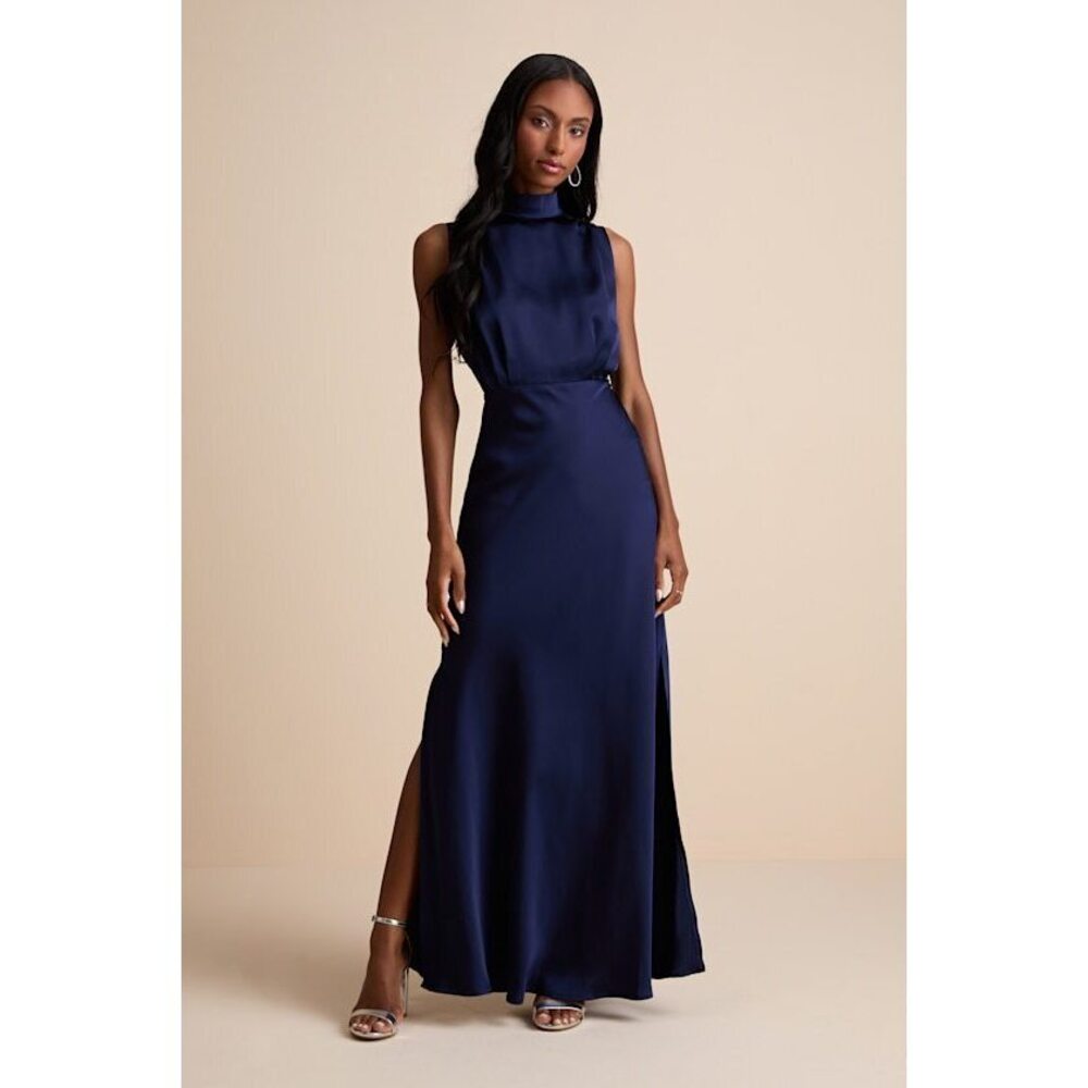 Lulus Classic Elegance Navy Satin Sleeveless Mock Neck Maxi Dress Blue - Size XL